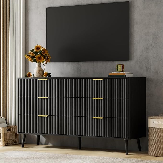 LYNSOM 55" Wide Fluted Dresser for Bedroom with 6 Drawer, Modern Chest of Drawers with Curved Profile Design and Metal Handles, Wood Dresser TV Stand & Storage Organizer for Living Room, Black