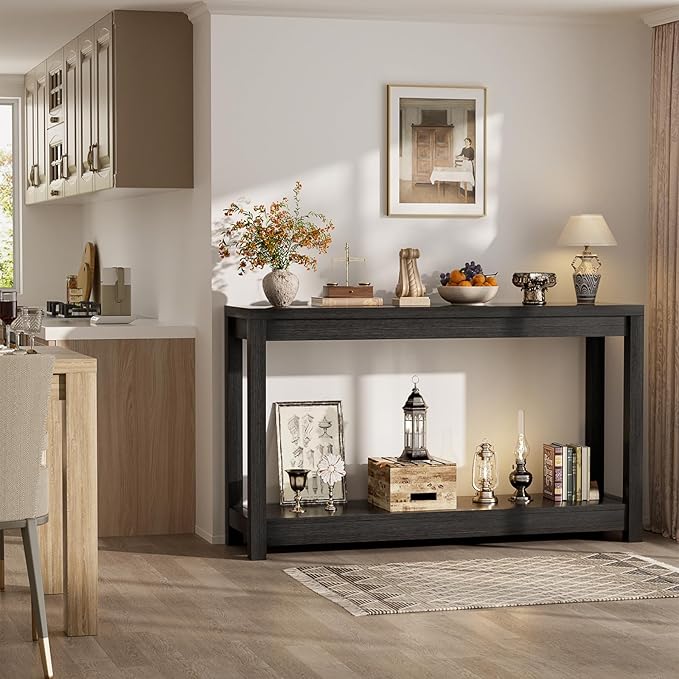 47" Farmhouse Wood Entryway Table Narrow Console Table with Storage Behind Couch Sofa Table with Shelves for Entry Way with Open Storage, Easy Assembly, Embossed Wood Grain Black