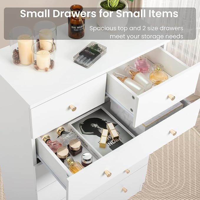 Karl home White 6 Drawer Dresser for Bedroom, Tall Dresser Chest of Drawers, Wood Bedroom Dressers Clothes Organizer, Anti-Tipping Device, Rose Gold Metal Handle, Living Room, Entryway, Office