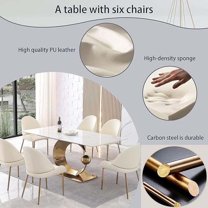 Dining Table, White Sintered Stone Tabletop Dining Room Table, Modern Striped Base Marble Tables for Dining Room Set for 6-8