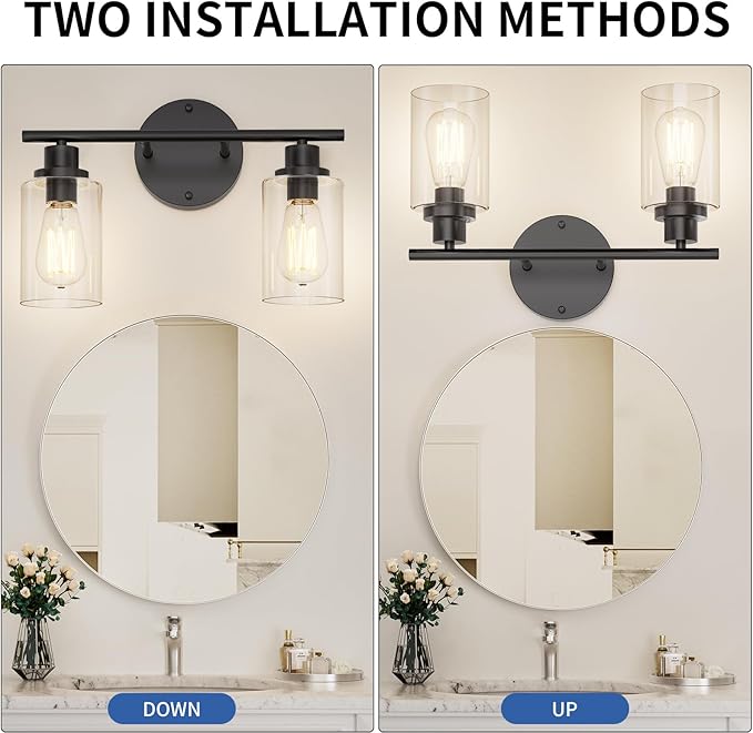 GORDNWE Modern Vanity Light - 2 Lights, Matte Black, E26 Bulb Base, Over Mirror, Farmhouse Style