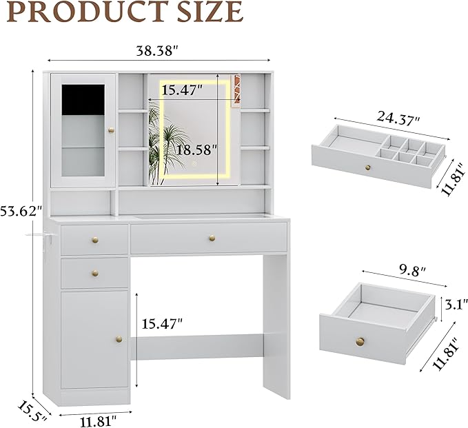 Vanity Desk with Mirror and Lights Makeup Vanity Desk with Lights 3 Colors 38" Dressing Table with Drawer and Cabinet for Bedroom Transparent Glass Top Power Outlet for Bedroom White