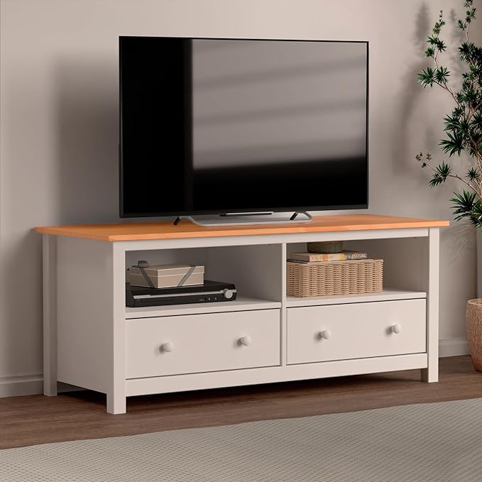 Handcrafted Solid Oak TV Stand Entertainment Center - Elegant White/Pine Media Console with Spacious Storage Drawers & Open Shelves - Sturdy Wood Cabinet Fits TVs up to 55 Inches
