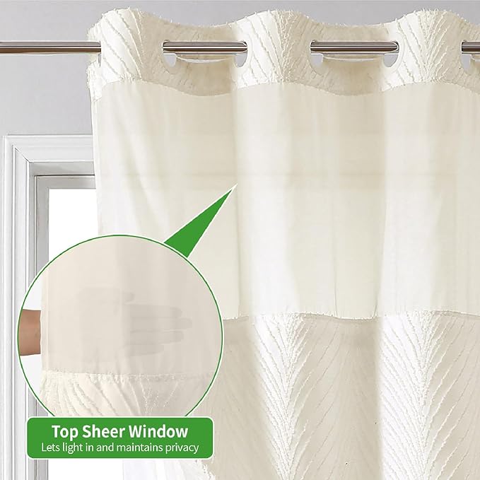stall no Hook Tufted Shower Curtain with snap in Liner Set, White Waterproof Fabric Inner Liner,Boho Style Shower Curtain with See Through top Window, Cream, 36Wx74H
