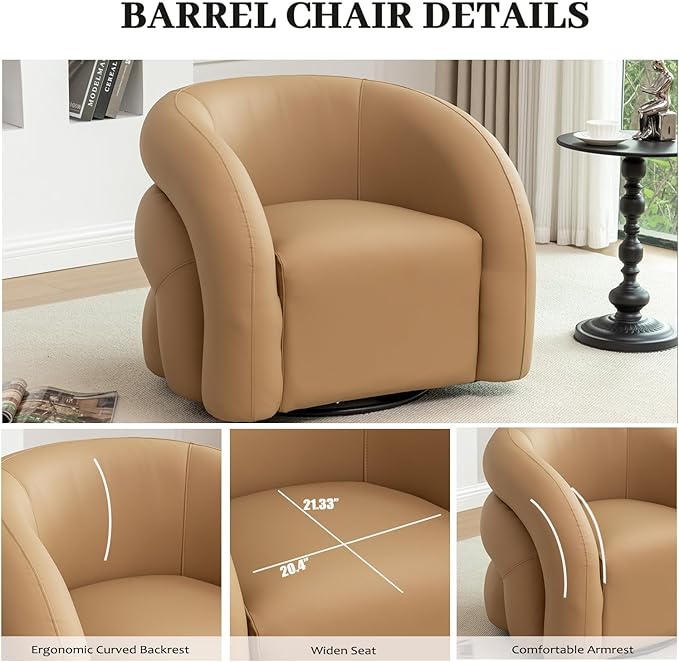 34.6" W Swivel Accent Chair, Modern Round Faux Leather Armchair for Living Room,Upholstered Comfy Sofa Chairs for Bedroom Reading Apartment Lounge,Fully Assembled(Mustard)