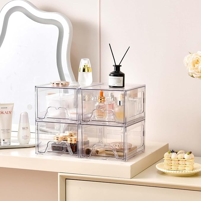 4 Pack Stackable Makeup Organizer, 4.4'' Tall Acrylic Bathroom Makeup Organizer and Storage Drawer with Pull-out Handle, Clear Plastic Storage Bins for Vanity,Pantry,Desk,Undersink,Kitchen