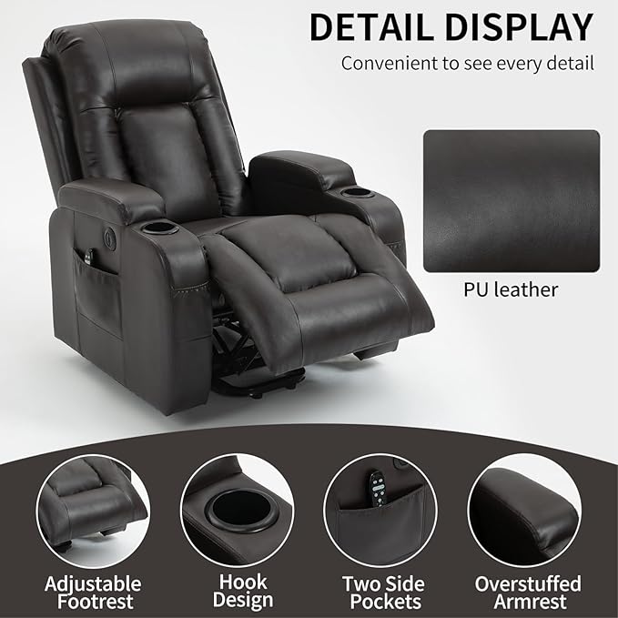 PELUMY Power Lift Recliner Chair for Elderly with Massage & Heat - Heavy Duty Electric Lift Chair, Oversized Recliner, Lay Flat, 8-Point Vibration, Lumbar Heating, USB Port, Cup Holders (Brown)
