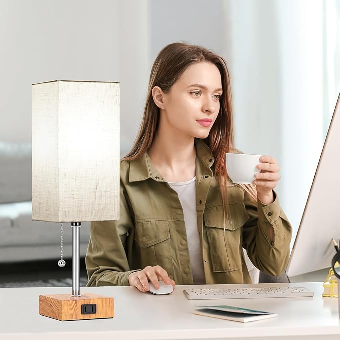 Table Lamp for Bedroom set of 2,3-Color Bedside Lamps with Pull Chain Table Lamps for Nightstand with AC Outlets,Small Night Light Lamps with 2 Bulbs Lamps for Living Room Kids Room Office Decor（Wood）