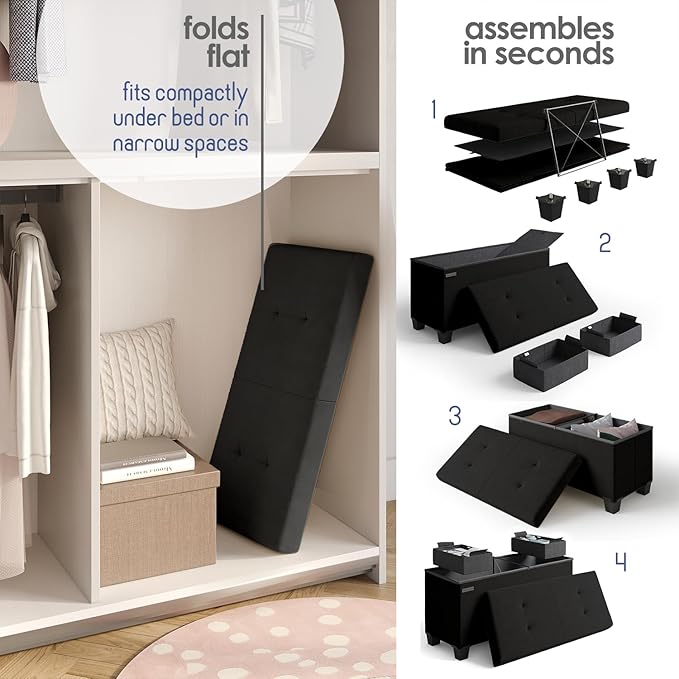 STORAGEBUD Storage Ottoman Bench with Bins, 30-in Storage Bench for Bedroom End of Bed, Folding Foot Rest Ottoman for Living Room Max 660lbs, Velvet Ottomans, Black