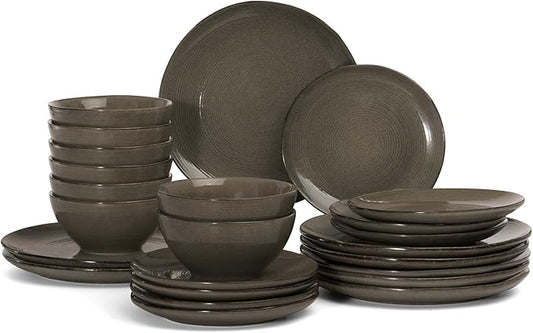 famiware Tempus Plates and Bowls Sets for 8, 24 Pieces Stoneware Dinnerware Sets, Dishes Set, Reactive Glaze Dishware Sets, Dishwasher & Microwave Safe - Dark Olive