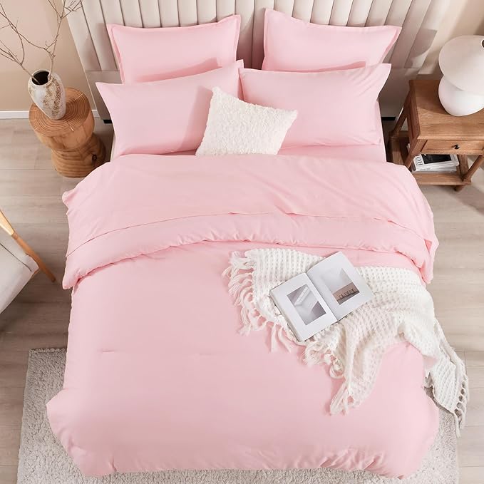 Litanika Queen Comforter Set Pink - 7 Pieces Bed in a Bag Queen Bedding Comforter Sets, Solid Lightweight Bed Set with Comforter, Sheets, Pillowcases & Shams