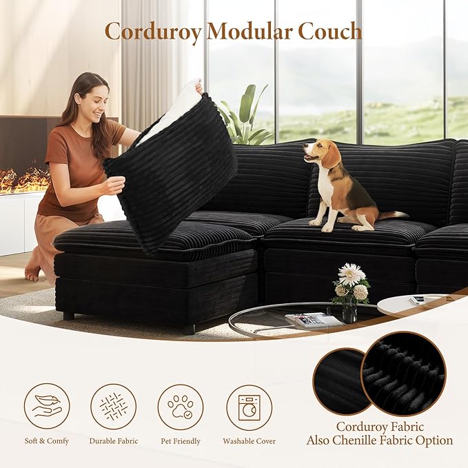 Vesgantti Large Modular Sectional Sofa, Big Comfy Cloud Couch with Ottoman Deep Seat Corduroy Cloud Sofa, 8 Seater Large Sectional Couches for Living Room, Bedroom and Apartment, Black