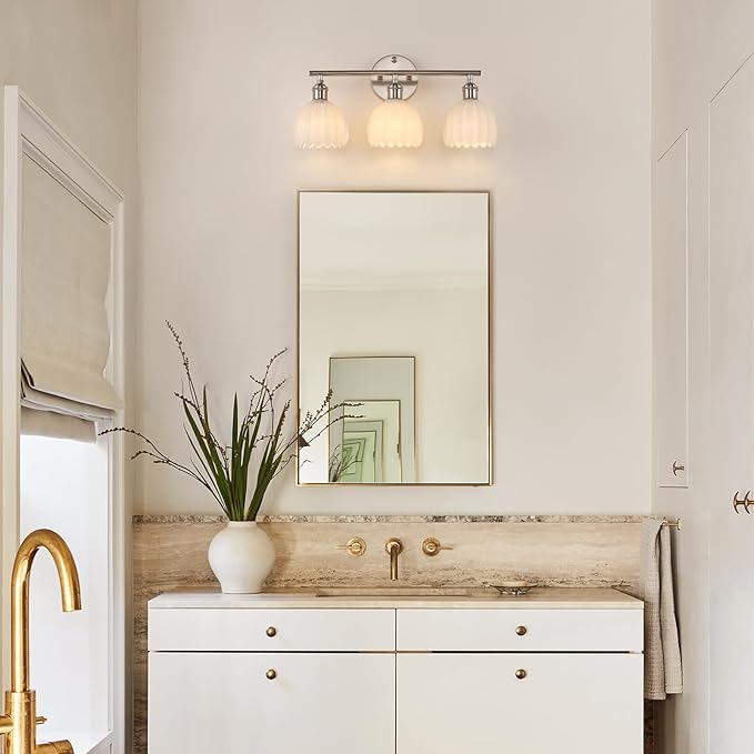 Bathroom Light Fixtures, 3-Light Vanity Wall Light Over Mirror with White Tulip Glass Shade for Bedroom Living Room, Satin Nickel