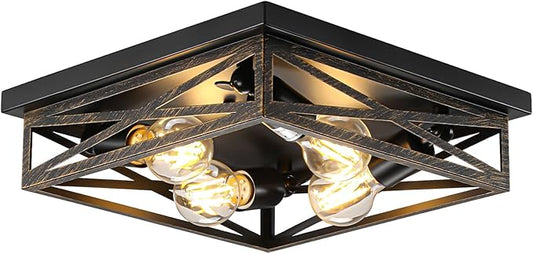 Farmhouse Rustic Ceiling Light for Kitchen, 4-Light Hallway Flush Mount Light Fixtures Ceiling Mount, Industrial Metal Cage Ceiling Light for Farmhouse,Kitchen,Hallway E26 Base (1 Pack 13in)