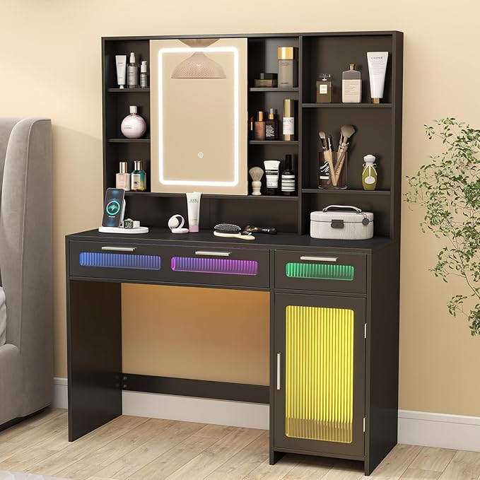 Hadulcet Makeup Vanity Desk with LED Lights Mirror, 43" Black Vanity Desk with Mirror and Lights, Sliding Mirror & RGB Drawers, Power Outlet, Dressing Table for Women Girls Bedroom