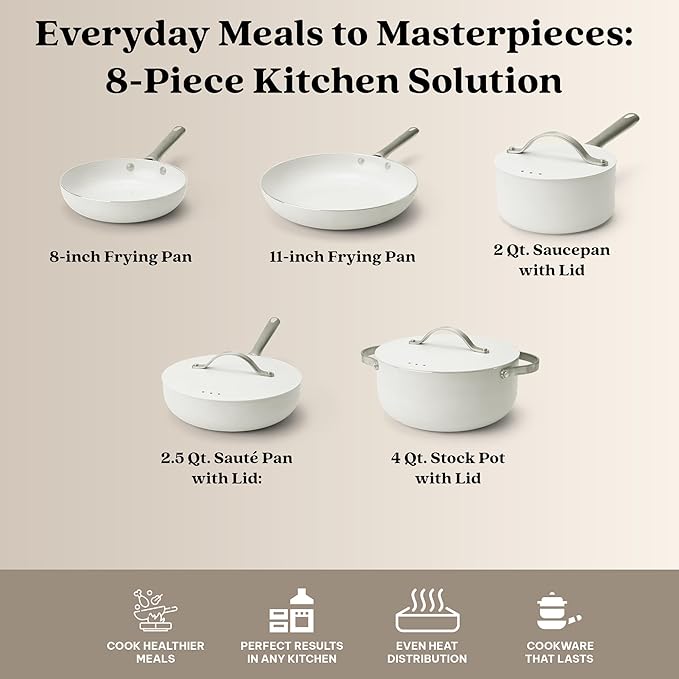 Alva Mobi 8-Piece Ceramic Cookware Set – PFAS-Free, Nonstick & Non-Toxic – Oven & Induction Safe – Scratch-Resistant, Diamond-Reinforced, Dishwasher Safe – Elegant Cannoli Cream