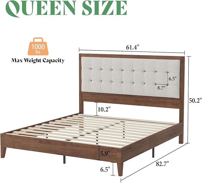 AMERLIFE Queen Size Solid Wood Bed Frame with Tall Tufted Headboard, Mid-Century Style, No Box Spring Required, Easy Assembly, Walnut