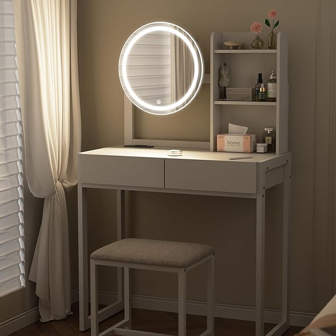 Small Vanity Desk with Mirror and Lights, Makeup Vanity Table with LED Mirror, 3 Lighting Modes, Power Outlet, Drawer, Open Shelves and Cushioned Stool for Bedroom (White)