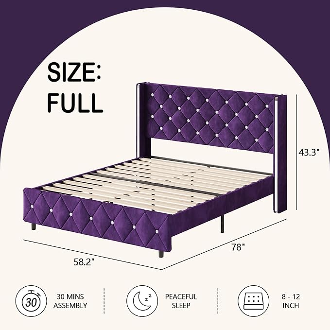 HOMBCK Full Bed Frame with Headboard and Footboard, Velvet Upholstered Bed with Diamond Tufted Design, Bed Frame Full Size with Wingback, No Box Spring Needed, Easy Assembly, Purple