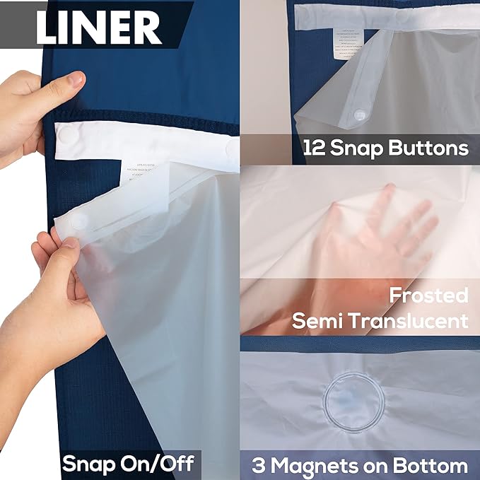 Long No Hook Slub Textured Shower Curtain with Snap-in PEVA Liner Set - 71" x 80"(78"), Hotel Style with See Through Top Window, Navy Blue Fabric Curtain & Waterproof Liner, Navy Blue, 71x80