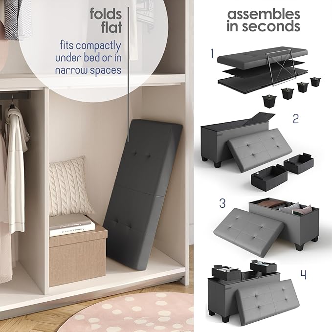 STORAGEBUD Storage Ottoman Bench with Bins, 30-in Storage Bench for Bedroom End of Bed, Folding Foot Rest Ottoman for Living Room Max 660lbs, Faux Leather Ottomans, Grey