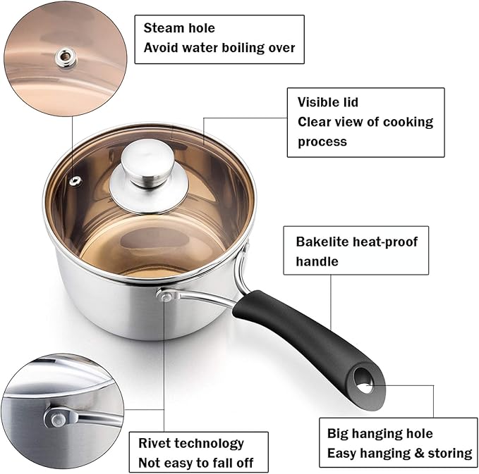 P&P CHEF 1 Quart Saucepan, Stainless Steel Saucepan with Lid, Small Sauce Pan for Home Kitchen Restaurant Cooking, Easy Clean and Dishwasher Safe