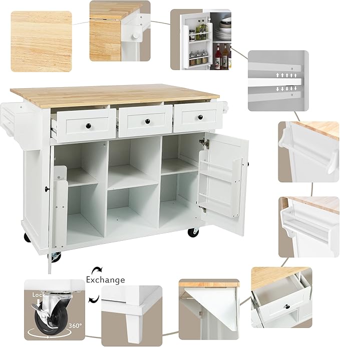 Kitchen Island Cart with Drop-Leaf Cabinet Door Internal Storage Rack 5 Wheels 3 Drawers for Kitchen, Dining Room, Bathroom 53.1" W*29.5" D*37.2" H White