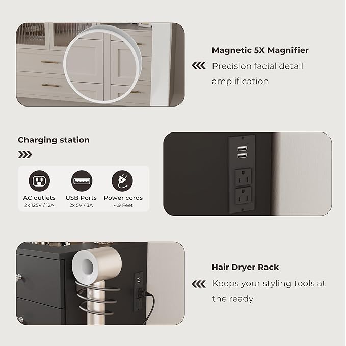 Vanity Desk with Mirror and Lights, 11 Drawers Makeup Vanity Desk with Tempered Glass top, 3 Lighting Modes Adjustable Brightness, Black Vanity with Magnetic 5X Magnifier for Bedroom