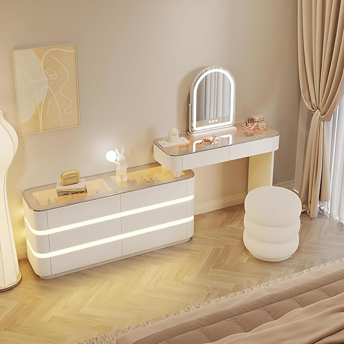 Vanity Set - Solid Wood Vanities Desk with LED Smart Mirror and Drawers, Modern Vanity Table with Glass Countertop and Makeup Stool, Vanities for Bedroom, Gifts for Her (White)