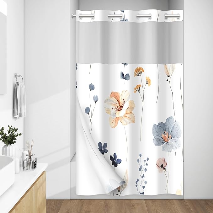 No Hook Shower Curtain with Snap in Liner - Watercolor Floral Shower Curtain - Waterproof Inner Liner, Plants Blue Beige Flowers Cloth Shower Curtains - Machine Washable, 54 x 80