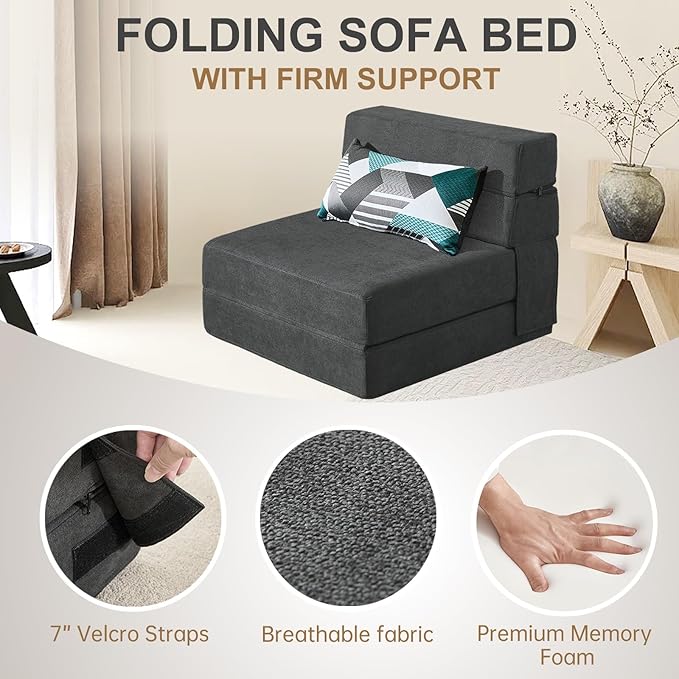 Folding Sofa Bed Single Size with Pillow Memory Foam Convertible Sleeper Chair Floor Couch Futon Lazy for Living Room/Home Office/Guest Beds/Apartment/Upstairs Loft,Dark Gray