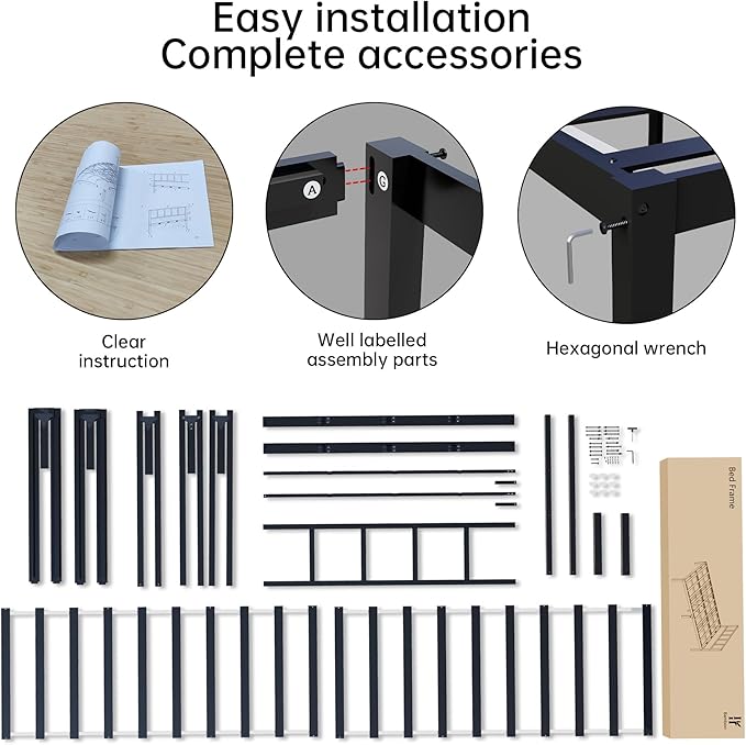 14 Inch Bamboo Bed Frame – Solid Wood Platform Bed Frame, Strong and Stable, with Non-Slip Slats for Support, No Box Spring Needed, Easy to Assemble, Noise-Free (Black with Headboard, Queen)