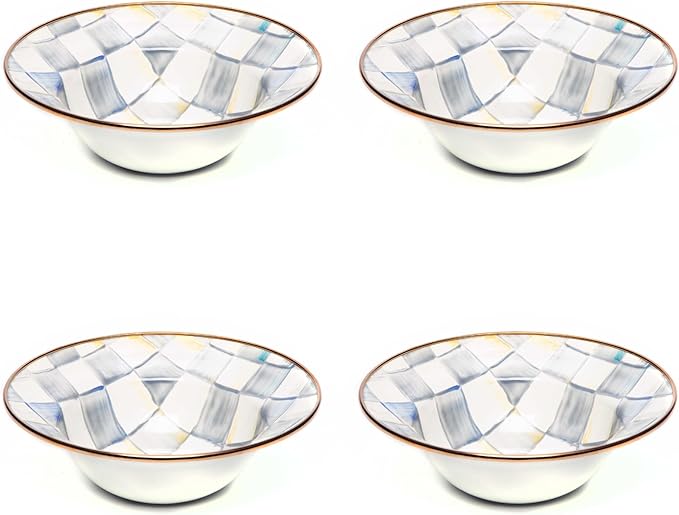 MACKENZIE-CHILDS Enamel Breakfast Bowl, Unique Soup Bowl or Cereal Bowl, Dinnerware, Sterling Check, Set of 4