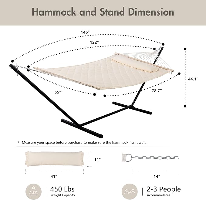 ANOW Outdoor Hammock with 12 Feet Heavy Duty Steel Stand, Two Person Hammock with Stand Included, 450 LBS Weight Capacity, Cream