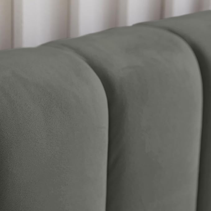 Livinia King Size Elton Velvet Platform Bed, Upholstered Bed Frame with Vertical Channel Tufted Headboard Footboard, Strong Wood Slats, No Box Spring Needed, Gray (King)