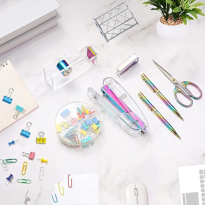 Famassi Dream Color Acrylic Stapler and Tape Dispenser Set, Office Supplies with Tape Dispenser, Stapler Remover, 2 Ballpoint Pen, Scissor, Binder Clips, Paper Clips and 1000pcs Staples