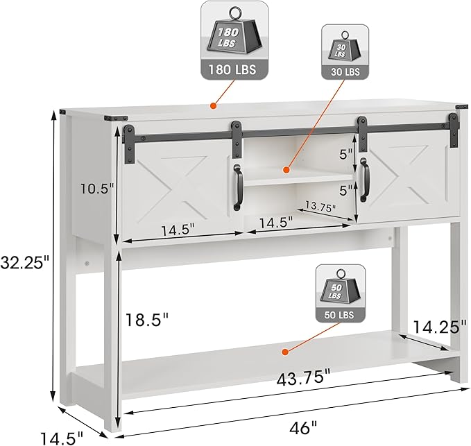 Console Table with Storage Shelf & Sliding Barn Door, Farmhouse Entryway Table with Storage, 46" Narrow Long Sofa, Behind Couch, Console Tables for Living Room (White)
