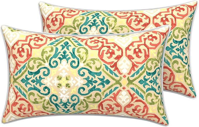 LVTXIII Outdoor Lumbar Pillow Covers 12"x20", Covers ONLY, 2 Pack 30x50cm Lumbar Cushion Cover with White Piping for Home Patio Garden Sofa Bench, Geometric Orange