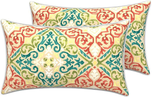 LVTXIII Outdoor Lumbar Pillow Covers 12"x20", Covers ONLY, 2 Pack 30x50cm Lumbar Cushion Cover with White Piping for Home Patio Garden Sofa Bench, Geometric Orange
