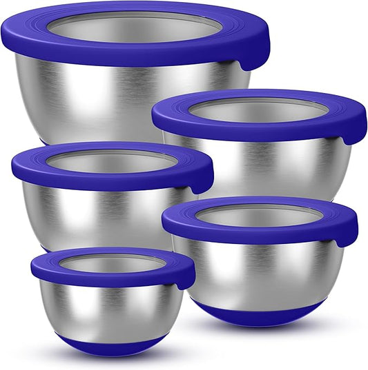 Stainless Steel Mixing Bowls with Lids – Set of 5 Large Nesting Metal Bowls for Kitchen, Baking, Cooking, Food Prep & Storage, Non-Slip Base, Dishwasher Safe,Blue