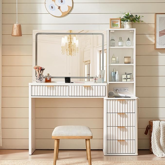 LEYAOYAO Fluted Makeup Vanity Desk with Mirror and Lights, 43.5'' White Vanity Table with Glass Top and Power Outlet, Make Up Vanity with 6 Drawers and Adjustable Shelves for Bedroom