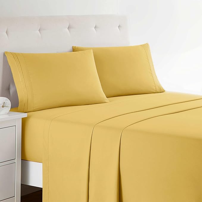 Clara Clark Bed Sheets, Premier 1800 Series 4 Piece Bed Sheet Set, Deep Pocket, Wrinkle, Fade, Stain Resistant, Luxury Soft Bedding Sheets & Pillowcases, King, Yellow