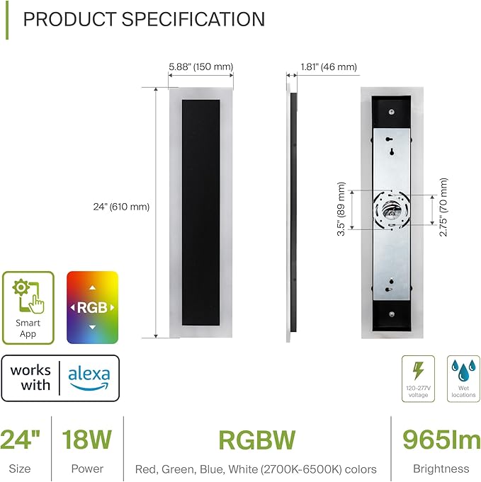 ASD LED 24" Long Wall Mount Light Fixture, Outdoor & Indoor Linear Sconce | RGBW, Smart, Waterproof, Anti-Rust, ETL Listed | 18W 1000LM 2700-6500K 100-277V | Exterior Porch Lighting | Black