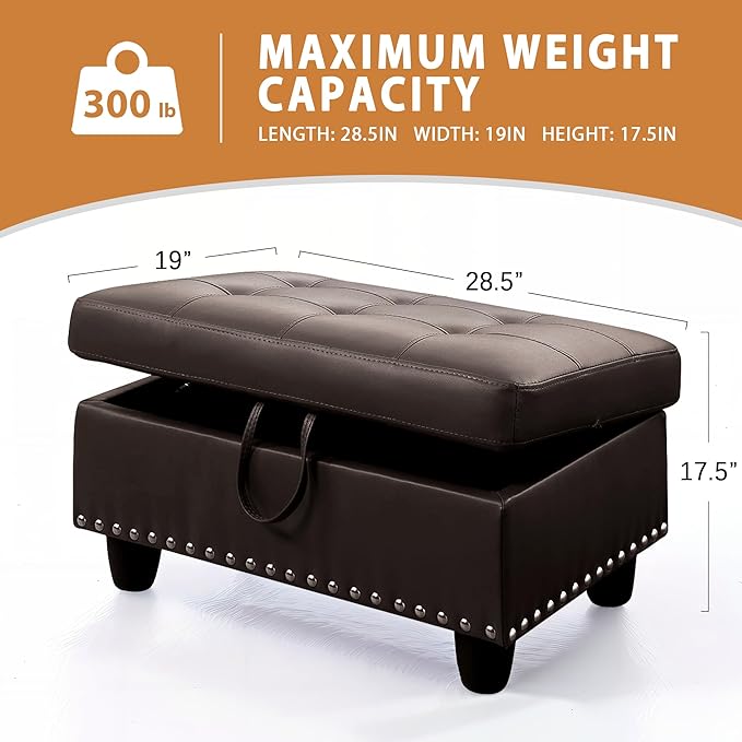 Ottoman Rectangular Storage Ottoman Bench, Faux Leather Footrest, Coffee Table, Stool Footstool with Hinged Lid for Living Room, Bedroom, Entryway, Brown, 28.5"x19"x17.5"