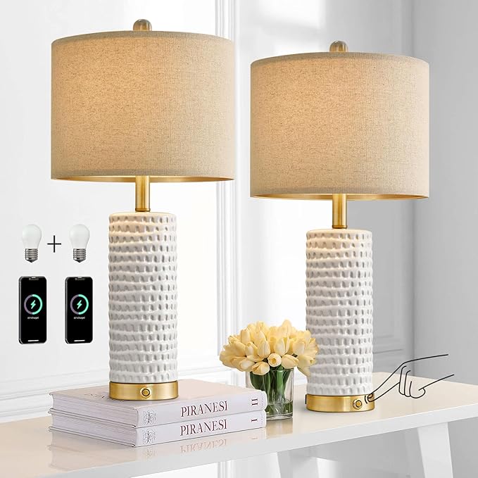PORTRES 24" Farmhouse 3-Way Dimmable Touch Ceramic Table Lamp Set of 2 for Bedroom White Bedside Lamps with USB A+C Charging Ports for Living Room Nightstand Lamp End Table Lamps