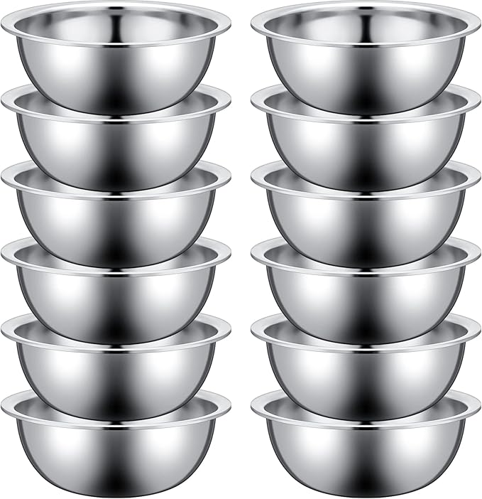 Pinkunn Set of 12 Stainless Steel Mixing Bowls, Nesting Metal Prep Salad Bowl Bulk Kitchen Large Reusable Baking Food Container for Hotel Restaurant Home Cooking, Silver(11 x 3.54 Inch)