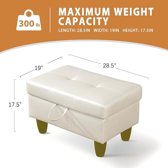 Ottoman Rectangular Storage Ottoman Bench, Faux Leather Footrest, Coffee Table, Stool Footstool with Hinged Lid for Living Room, Bedroom, Entryway, Pearl White, 28.5"x19"x17.5"
