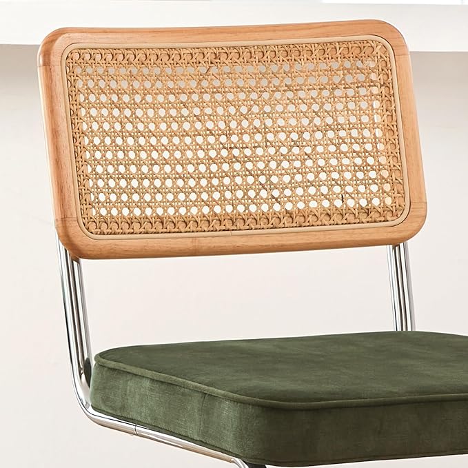 Natural Rattan Bar Stools Set of 2 with Solid Wood Back, 29 Inch Mid Century Modern Counter Height Stools, Green Upholstery Boho Stool for Kitchen Counter with Chrome Metal Legs