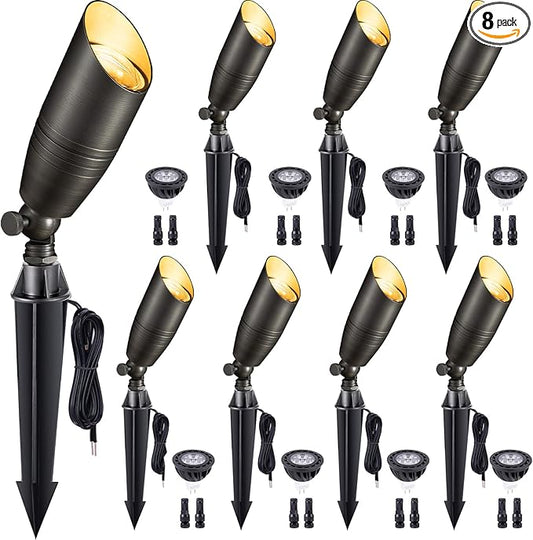 Spot Light Brass - Outdoor Landscape Spotlights LED, 12V Low Voltage Landscaping Uplights, Hard-Wired All Weather Bronze for Backyard Lawn with Cold White Changeable Bulbs (8 Pack)