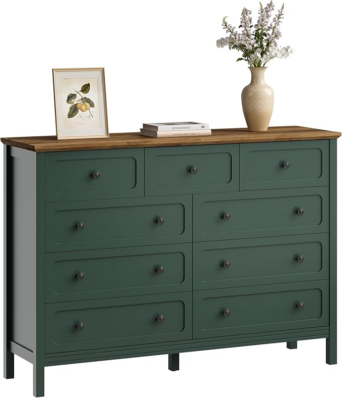 CARPETNAL Green Dresser for Bedroom, 55" Wide 9 Drawer Dresser with Metal Handles and Deep Drawers, Modern Large Wood Chest of Drawers for Living Room, Hallway.